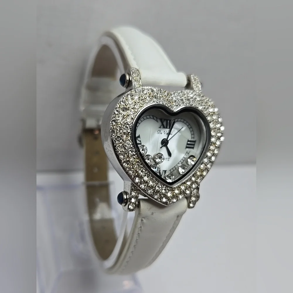 Womens Vintage Da Vanci Heart Watch White MOP Rhinestones Crystals New Battery